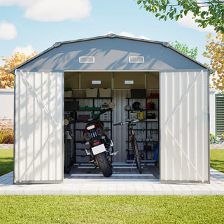 10x12 Ft Heavy-Duty Gray Steel Outdoor Storage Shed with Floor Frame Kit, Rust-Resistant Metal Tool Shed for Garden, Backyard & Patio