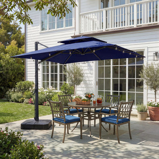 10 FT Square Aluminum Cantilever Patio Umbrella with Hook – Offset Outdoor Umbrella in Navy Blue/Tan/Gray for Patio & Garden