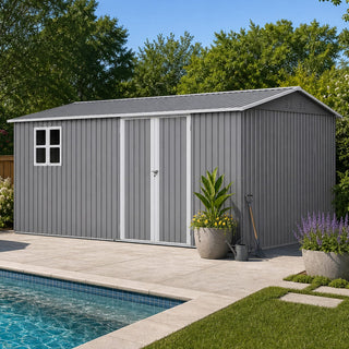 14x10 FT Large Outdoor Metal Storage Shed, 780 Cu. Ft. Garden Tool Shed with Double Doors, Built-In Foundation Frame & Air Vents, Galvanized Steel Sloped Roof for Backyard, Patio & Garden