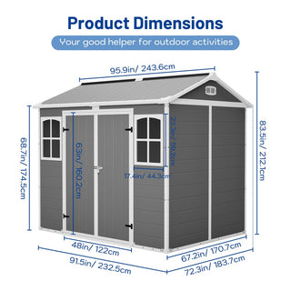 8X6 FT Plastic Outdoor Storage Shed with Floor – Lockable Garden Tool & Trash Bin Storage Shed