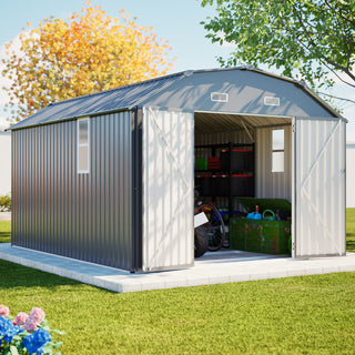 10x12 Ft Heavy-Duty Gray Steel Outdoor Storage Shed with Floor Frame Kit, Rust-Resistant Metal Tool Shed for Garden, Backyard & Patio