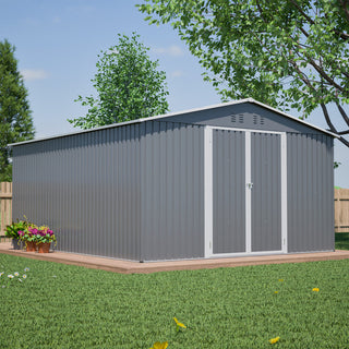 11x13 FT Metal Storage Shed with Reinforced Floor Frame, Large Outdoor Garden Tool Shed with Lockable Doors, 4 Air Vents & Weatherproof Design for Patio & Backyard