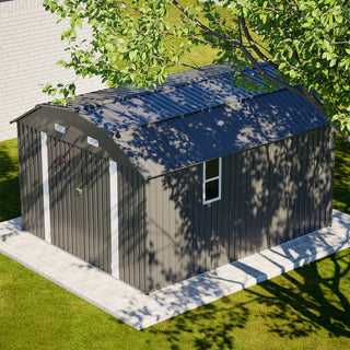 10x12 Ft Heavy-Duty Gray Steel Outdoor Storage Shed with Floor Frame Kit, Rust-Resistant Metal Tool Shed for Garden, Backyard & Patio