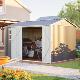 10x8 Ft Oversized Steel Storage Shed with Window, Lockable Double Doors & Sloped Roof, Heavy-Duty Outdoor Garden Tool Shed for Patio, Backyard & Lawn