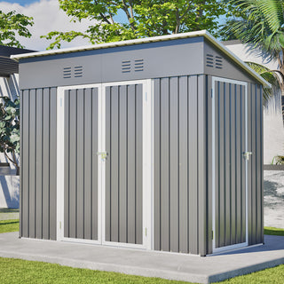 4x8 Sloped Roof Metal Storage Shed with Reinforced Frame, Weatherproof Design, 4 Air Vents, Heavy-Duty Garden Tool Shed with Left/Right Door Option
