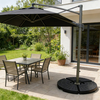 Heavy-Duty Fan-Style Cantilever Umbrella Base, 4-Panel Refillable Stand (Water/Sand up to 220 lbs), Weatherproof HDPE with Metal Lock Hooks, Stackable & Portable Design