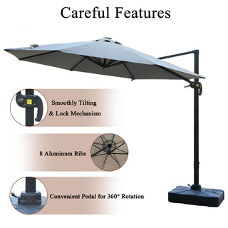 11ft Solar LED Cantilever Patio Umbrella with Base – Offset Outdoor Umbrella with Crank Lift (Grey)