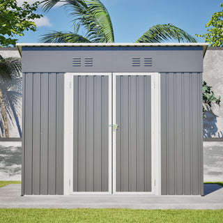 4x8 Sloped Roof Metal Storage Shed with Reinforced Frame, Weatherproof Design, 4 Air Vents, Heavy-Duty Garden Tool Shed with Left/Right Door Option