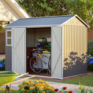 8x6 Ft Heavy-Duty Steel Storage Shed with Window, Lockable Doors & Sloped Roof, Outdoor Garden Tool Shed for Backyard, Patio & Lawn – Dark Gray