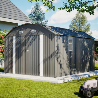 10x12 Ft Heavy-Duty Gray Steel Outdoor Storage Shed with Floor Frame Kit, Rust-Resistant Metal Tool Shed for Garden, Backyard & Patio