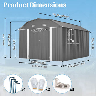 10x12 Ft Heavy-Duty Gray Steel Outdoor Storage Shed with Floor Frame Kit, Rust-Resistant Metal Tool Shed for Garden, Backyard & Patio