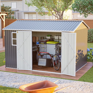 10x8 Ft Oversized Steel Storage Shed with Window, Lockable Double Doors & Sloped Roof, Heavy-Duty Outdoor Garden Tool Shed for Patio, Backyard & Lawn
