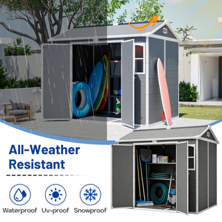 8X6 FT Plastic Outdoor Storage Shed with Floor – Lockable Garden Tool & Trash Bin Storage Shed