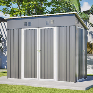 4x8 Sloped Roof Metal Storage Shed with Reinforced Frame, Weatherproof Design, 4 Air Vents, Heavy-Duty Garden Tool Shed with Left/Right Door Option
