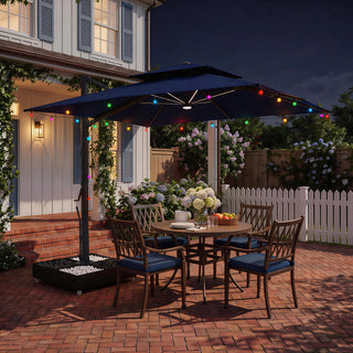 10×10 FT Double Top Aluminum Cantilever Patio Umbrella with LED Lights & Hook – Offset Outdoor Umbrella in Navy Blue/Tan/Gray