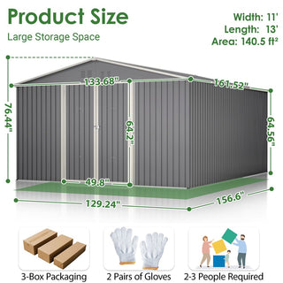 11x13 FT Metal Storage Shed with Reinforced Floor Frame, Large Outdoor Garden Tool Shed with Lockable Doors, 4 Air Vents & Weatherproof Design for Patio & Backyard