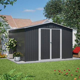 10 x 10 FT Heavy-Duty Outdoor Metal Storage Shed, Large Garden Tool Shed with Updated Reinforced Frame & Lockable Double Doors for Backyard
