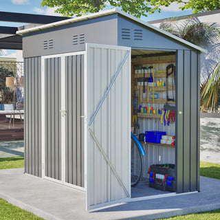 4x8 Sloped Roof Metal Storage Shed with Reinforced Frame, Weatherproof Design, 4 Air Vents, Heavy-Duty Garden Tool Shed with Left/Right Door Option