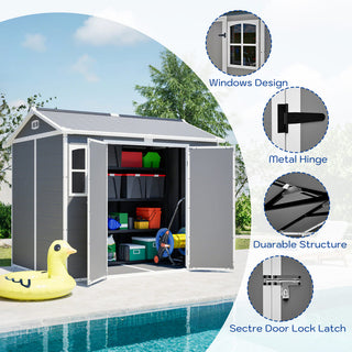 8X6 FT Plastic Outdoor Storage Shed with Floor – Lockable Garden Tool & Trash Bin Storage Shed