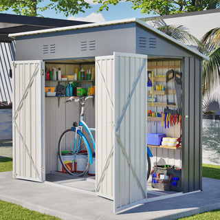 4x8 Sloped Roof Metal Storage Shed with Reinforced Frame, Weatherproof Design, 4 Air Vents, Heavy-Duty Garden Tool Shed with Left/Right Door Option