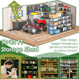 11x13 FT Metal Storage Shed with Reinforced Floor Frame, Large Outdoor Garden Tool Shed with Lockable Doors, 4 Air Vents & Weatherproof Design for Patio & Backyard