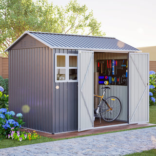 8x6 Ft Heavy-Duty Steel Storage Shed with Window, Lockable Doors & Sloped Roof, Outdoor Garden Tool Shed for Backyard, Patio & Lawn – Dark Gray