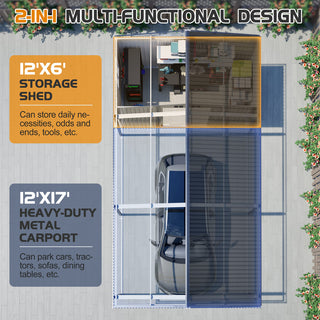 12x23 Ft Heavy-Duty Metal Carport Storage Shed, Steel Garage with Sliding Door, UV-Blocking Panel & Waterproof Sloped Roof for Car, Boat, Tractor & Farm Equipment