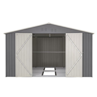 11x13 FT Metal Storage Shed with Reinforced Floor Frame, Large Outdoor Garden Tool Shed with Lockable Doors, 4 Air Vents & Weatherproof Design for Patio & Backyard