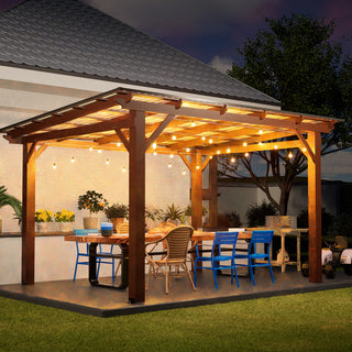 Spacious Outdoor Kitchen Gazebo: 13.1ft x 7.7ft Wooden Structure with Metal Roof, Grill Station & Bar