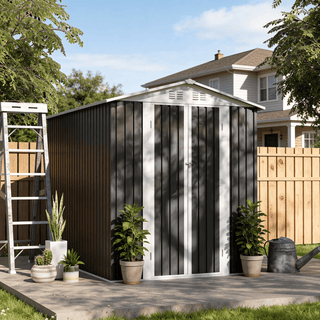 6 x 9 FT Metal Garden Storage Shed with Apex Roof, Hinged Door, Grey Outdoor Tool House for Weatherproof Patio