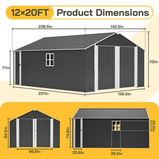 12x20 FT Heavy-Duty Metal Outdoor Storage Shed, Spacious 1810 CUFT Capacity with Double Doors, All-Weather Garage for Vehicle, Equipment & Tool Storage