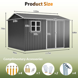 10x8 Ft Oversized Steel Storage Shed with Window, Lockable Double Doors & Sloped Roof, Heavy-Duty Outdoor Garden Tool Shed for Patio, Backyard & Lawn