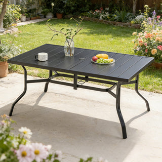 Outdoor Dining Table for 6, Powder-Coated Steel Slat Patio Table with 2.16" Umbrella Hole, Anti-Slip Pads & All-Weather E-Coated Frame for Garden & Poolside