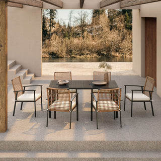 7-Piece Outdoor Patio Dining Set with 6 Cushioned Chairs and Slatted Metal Table with Umbrella Hole for Backyard, Garden & Poolside