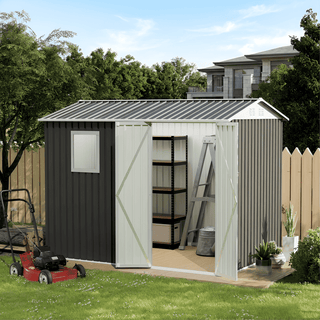 9 x 6 FT Outdoor Metal Garden Storage Shed with Window, Hinge Doors, Heavy-Duty Weatherproof Tool Shed for Patio, Backyard & Lawn Organization