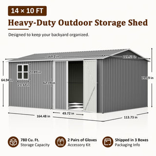 14x10 FT Large Outdoor Metal Storage Shed, 780 Cu. Ft. Garden Tool Shed with Double Doors, Built-In Foundation Frame & Air Vents, Galvanized Steel Sloped Roof for Backyard, Patio & Garden