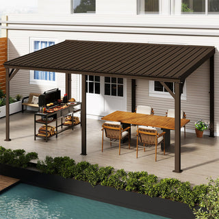 Wall-Mounted Hardtop Lean-to Gazebo with Gutters – Galvanized Steel Roof Outdoor Pergola Canopy