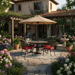 5-Piece Weatherproof Outdoor Furniture Set, Gray Tile Table & Rust-Proof Cast Aluminum Cushioned Chairs