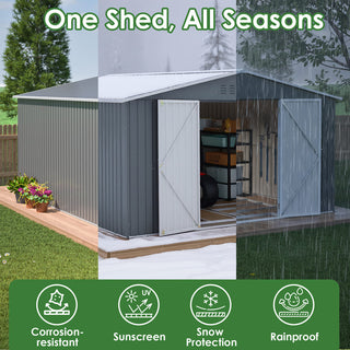 11x13 FT Metal Storage Shed with Reinforced Floor Frame, Large Outdoor Garden Tool Shed with Lockable Doors, 4 Air Vents & Weatherproof Design for Patio & Backyard