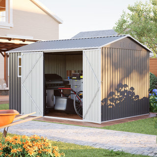 10x8 Ft Oversized Steel Storage Shed with Window, Lockable Double Doors & Sloped Roof, Heavy-Duty Outdoor Garden Tool Shed for Patio, Backyard & Lawn