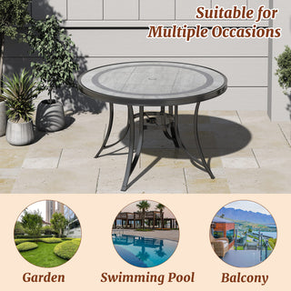 48" Round Cast Aluminum Outdoor Dining Table with Ceramic Tile Top & Umbrella Hole – Classic Patio Table for Garden & Porch