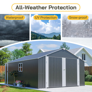 12x20 FT Heavy-Duty Metal Outdoor Storage Shed, Spacious 1810 CUFT Capacity with Double Doors, All-Weather Garage for Vehicle, Equipment & Tool Storage