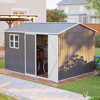 10x8 Ft Oversized Steel Storage Shed with Window, Lockable Double Doors & Sloped Roof, Heavy-Duty Outdoor Garden Tool Shed for Patio, Backyard & Lawn