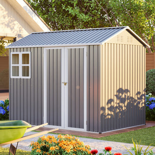 8x6 Ft Heavy-Duty Steel Storage Shed with Window, Lockable Doors & Sloped Roof, Outdoor Garden Tool Shed for Backyard, Patio & Lawn – Dark Gray