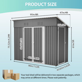 4x8 Sloped Roof Metal Storage Shed with Reinforced Frame, Weatherproof Design, 4 Air Vents, Heavy-Duty Garden Tool Shed with Left/Right Door Option