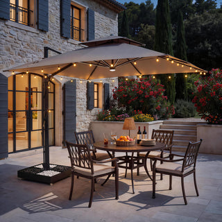 10×10 FT Double Top Aluminum Cantilever Patio Umbrella with LED Lights & Hook – Offset Outdoor Umbrella in Navy Blue/Tan/Gray