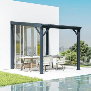 Wall-Mounted Hardtop Lean-to Gazebo with Gutters – Galvanized Steel Roof Outdoor Pergola Canopy