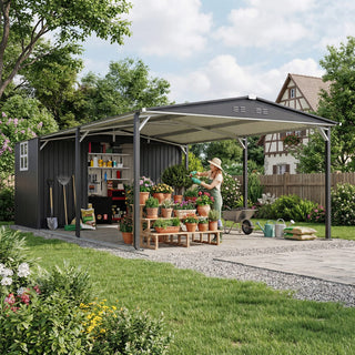 12x23 Ft Heavy-Duty Metal Carport Storage Shed, Steel Garage with Sliding Door, UV-Blocking Panel & Waterproof Sloped Roof for Car, Boat, Tractor & Farm Equipment