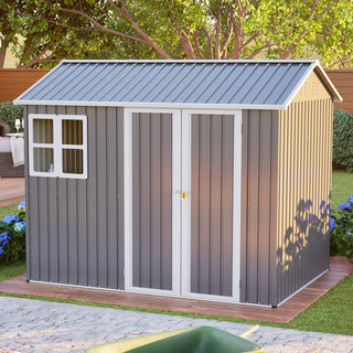 8x6 Ft Heavy-Duty Steel Storage Shed with Window, Lockable Doors & Sloped Roof, Outdoor Garden Tool Shed for Backyard, Patio & Lawn – Dark Gray