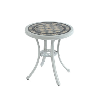 24" Round Cast Aluminum Outdoor Bistro Table with Ceramic Tile Top in Antique Bronze/White, Standard Height for Patio & Garden